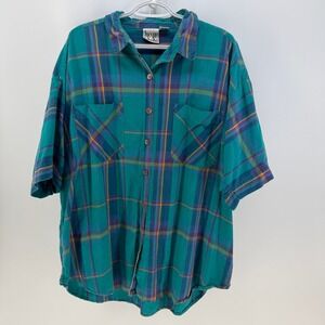 Jacque & Koko Button Down Shirt Women 26/28 Teal Plaid Cotton 90s Grunge Preppy